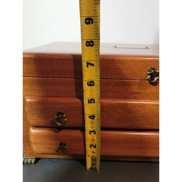 Vintage Wooden Jewelry Box Chest Organizer Yellow Felt Lined 2 Drawer Open Top - Picture 15 of 16